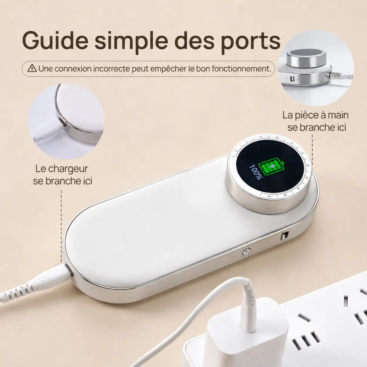 Guide des ports de connexion de la ponceuse O Nail Pro Max 50K pour la pièce à main et le chargeur USB Type-C