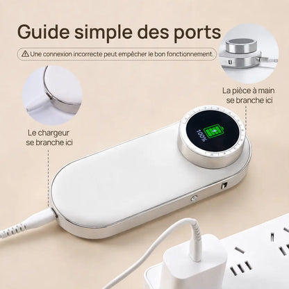 Guide des ports de connexion de la ponceuse O Nail Pro Max 50K pour la pièce à main et le chargeur USB Type-C