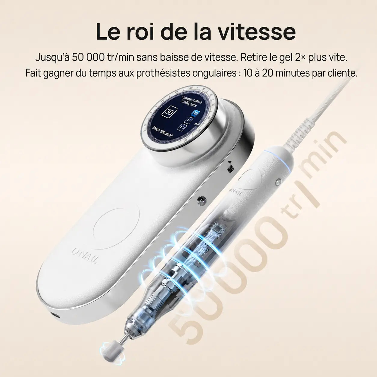 Ponceuse professionnelle O Nail Pro Max 50K atteignant 50 000 tours par minute pour une dépose rapide du gel