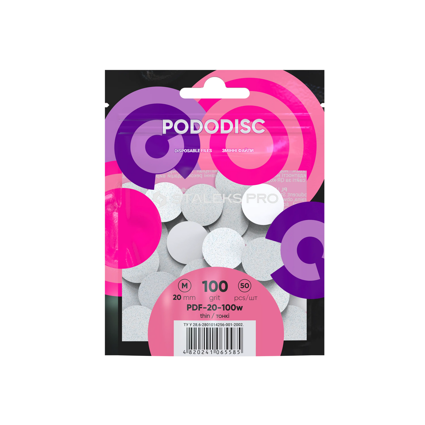 Sachet Staleks Pro de 50 recharges PODODISC M 20 mm grain 100 (Expert), packaging rose/violet.