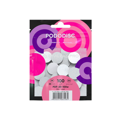 Sachet Staleks Pro de 50 recharges PODODISC M 20 mm grain 100 (Expert), packaging rose/violet.