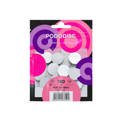 Sachet Staleks Pro de 50 recharges PODODISC M 20 mm grain 180 (Expert), packaging rose/violet.