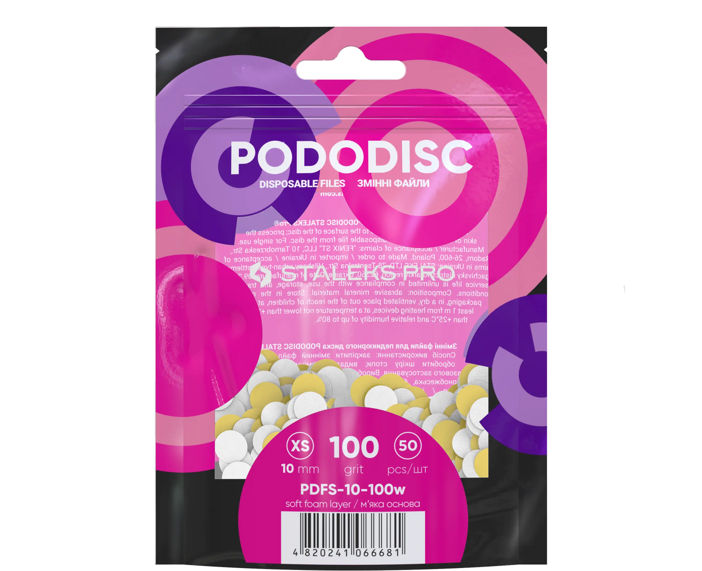 Sachet Staleks Pro de 50 recharges PODODISC XS 10 mm grain 100 avec base mousse (Expert), packaging rose/violet.