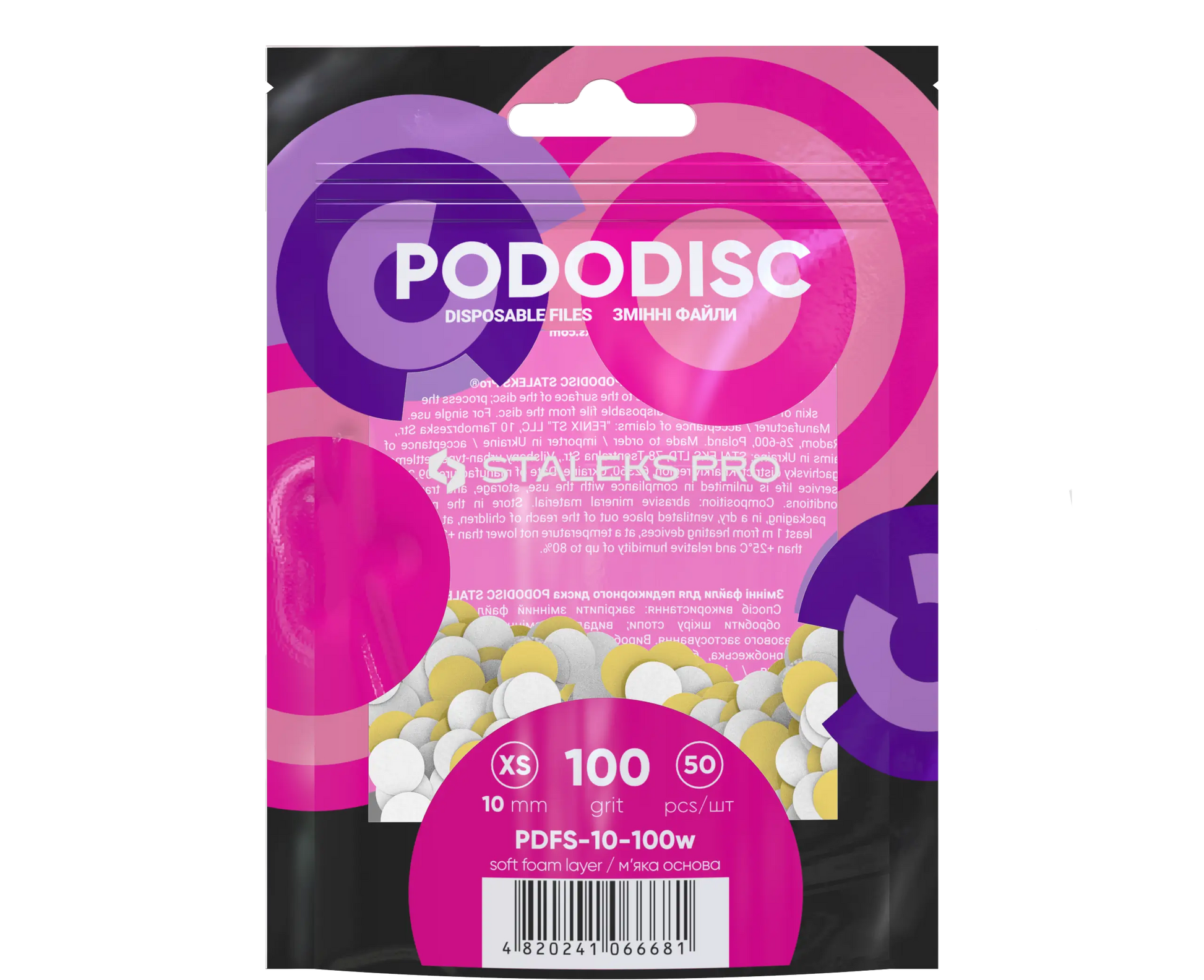Sachet Staleks Pro de 50 recharges PODODISC XS 10 mm grain 100 avec base mousse (Expert), packaging rose/violet.