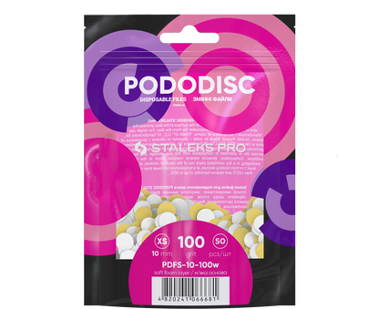 Sachet Staleks Pro de 50 recharges PODODISC XS 10 mm grain 100 avec base mousse (Expert), packaging rose/violet.