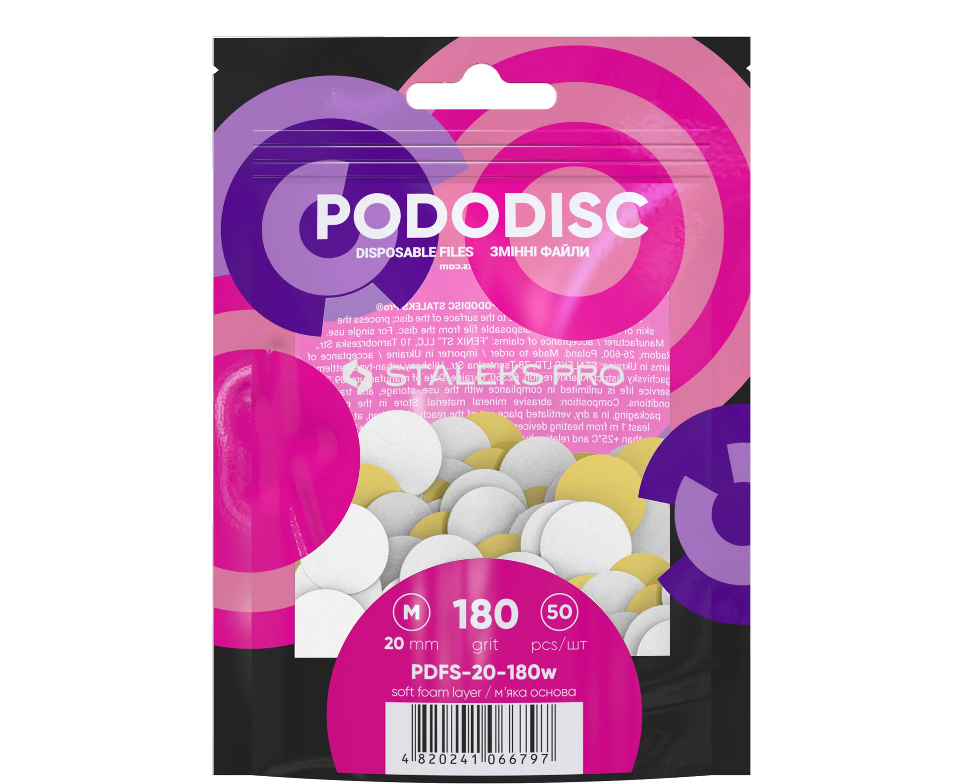 Sachet Staleks Pro de 50 recharges PODODISC M 20 mm grain 180 avec base mousse (Expert).