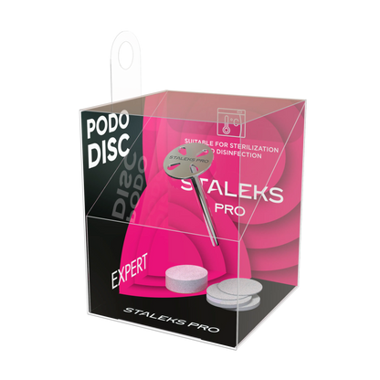 Boîte du set Staleks Pro PODODISC Expert contenant un disque XS 10 mm et recharges.