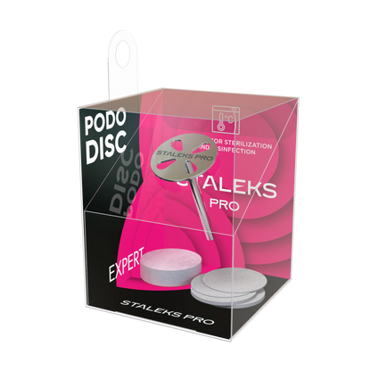 Boîte du set Staleks Pro PODODISC Expert contenant un disque S 15 mm et recharges.