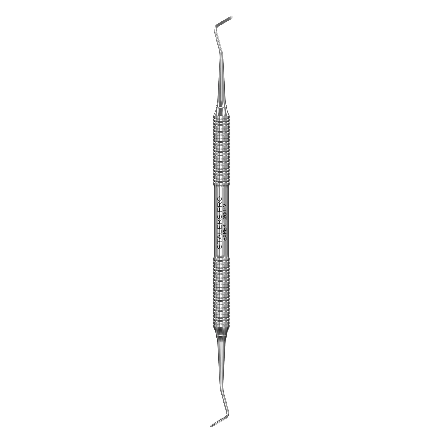 Curette pédicure double Staleks Pro Expert 20/2 en acier inox, manche rainuré antidérapant, deux embouts courbés, vue de face.