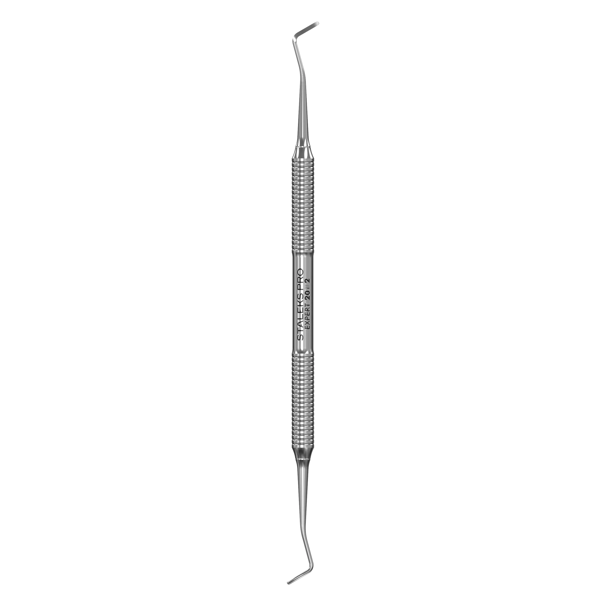 Curette pédicure double Staleks Pro Expert 20/2 en acier inox, manche rainuré antidérapant, deux embouts courbés, vue de face.