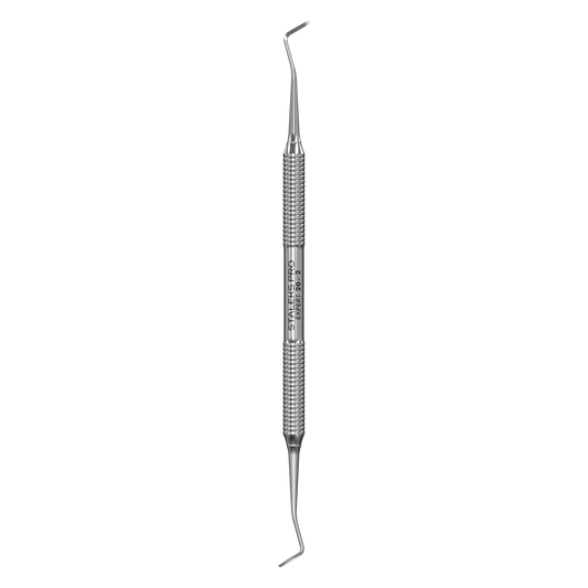 Curette pédicure double Staleks Pro Expert 20/2 en acier inox, manche rainuré antidérapant, deux embouts courbés, vue de face.