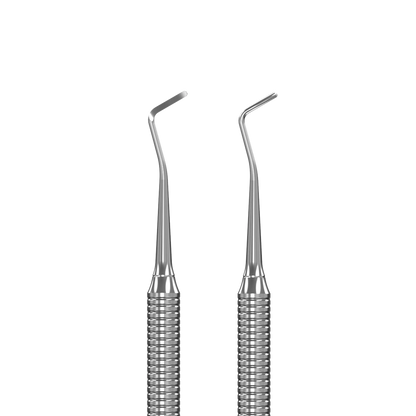 Gros plan des deux embouts incurvés/anglés de la curette Expert 20/2 pour nettoyer sous l’ongle et les replis.
