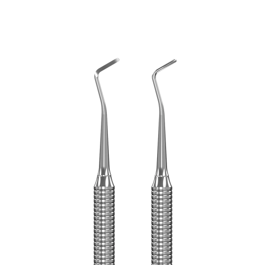 Gros plan des deux embouts incurvés/anglés de la curette Expert 20/2 pour nettoyer sous l’ongle et les replis.