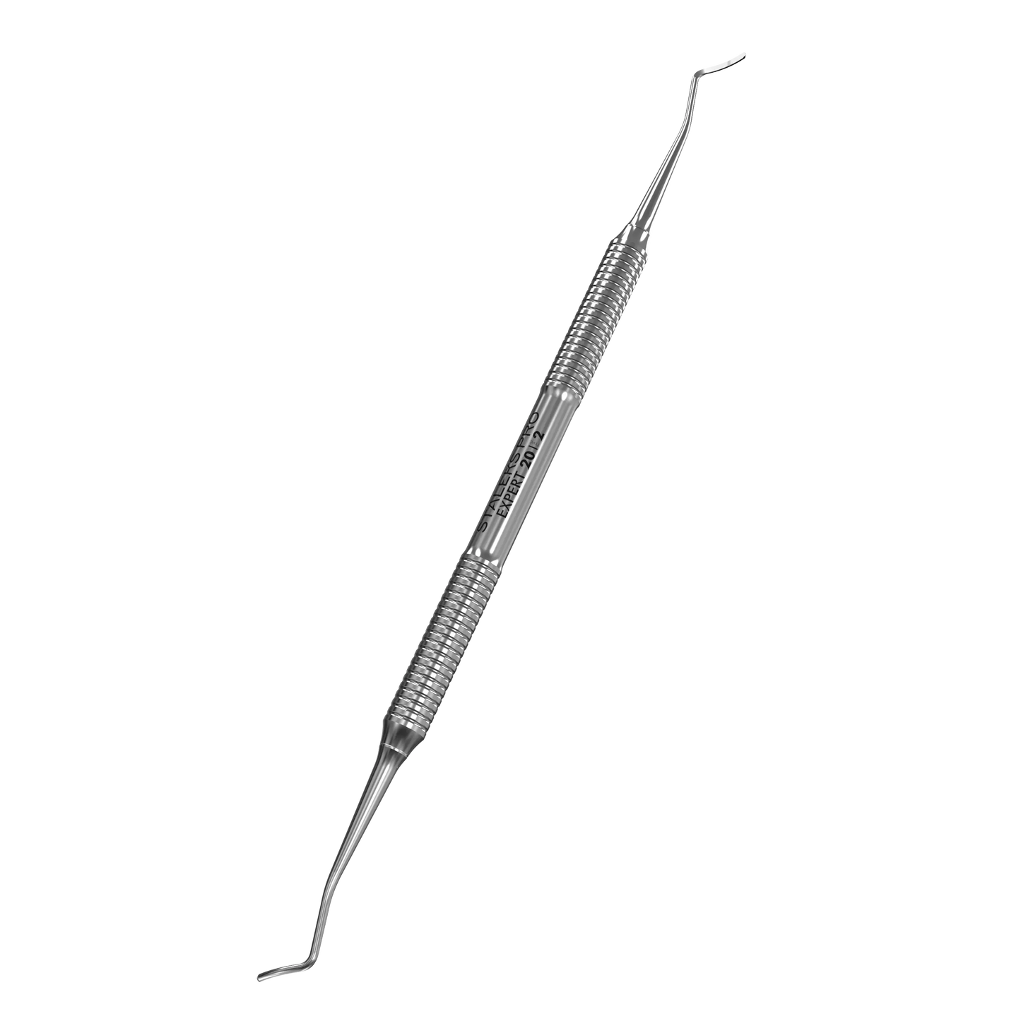 Curette pédicure double en acier inox, manche strié pour une meilleure prise, vue en perspective.