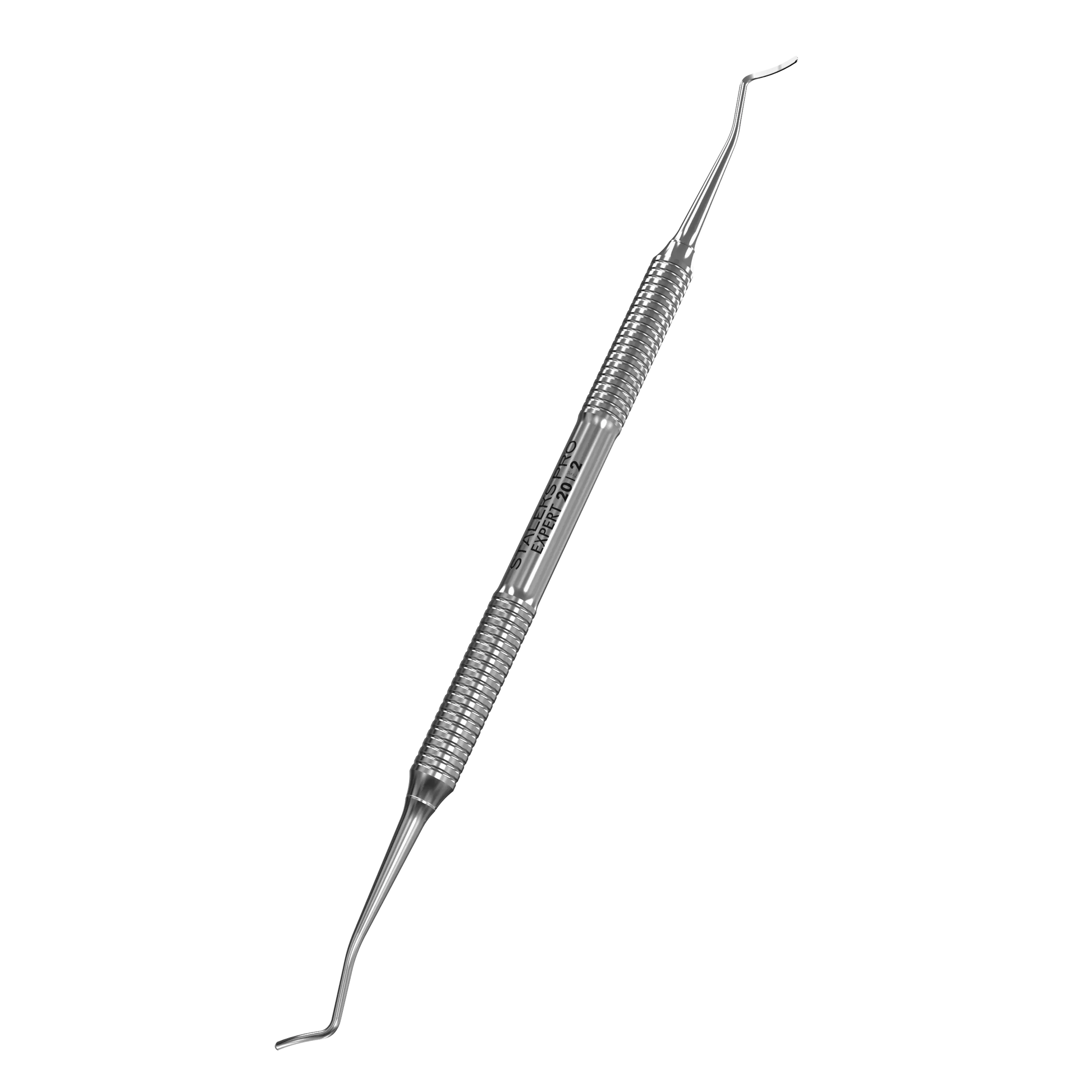 Curette pédicure double en acier inox, manche strié pour une meilleure prise, vue en perspective.