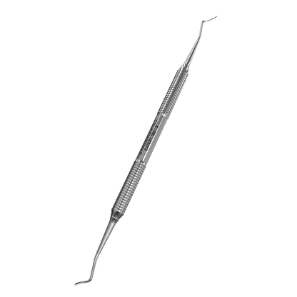 Curette pédicure double en acier inox, manche strié pour une meilleure prise, vue en perspective.
