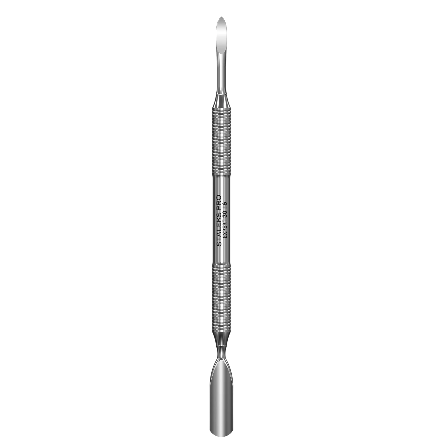 Pusher double Staleks Pro Expert 30/6 en inox, vue de face avec les deux embouts (pusher arrondi et nail cleaner).