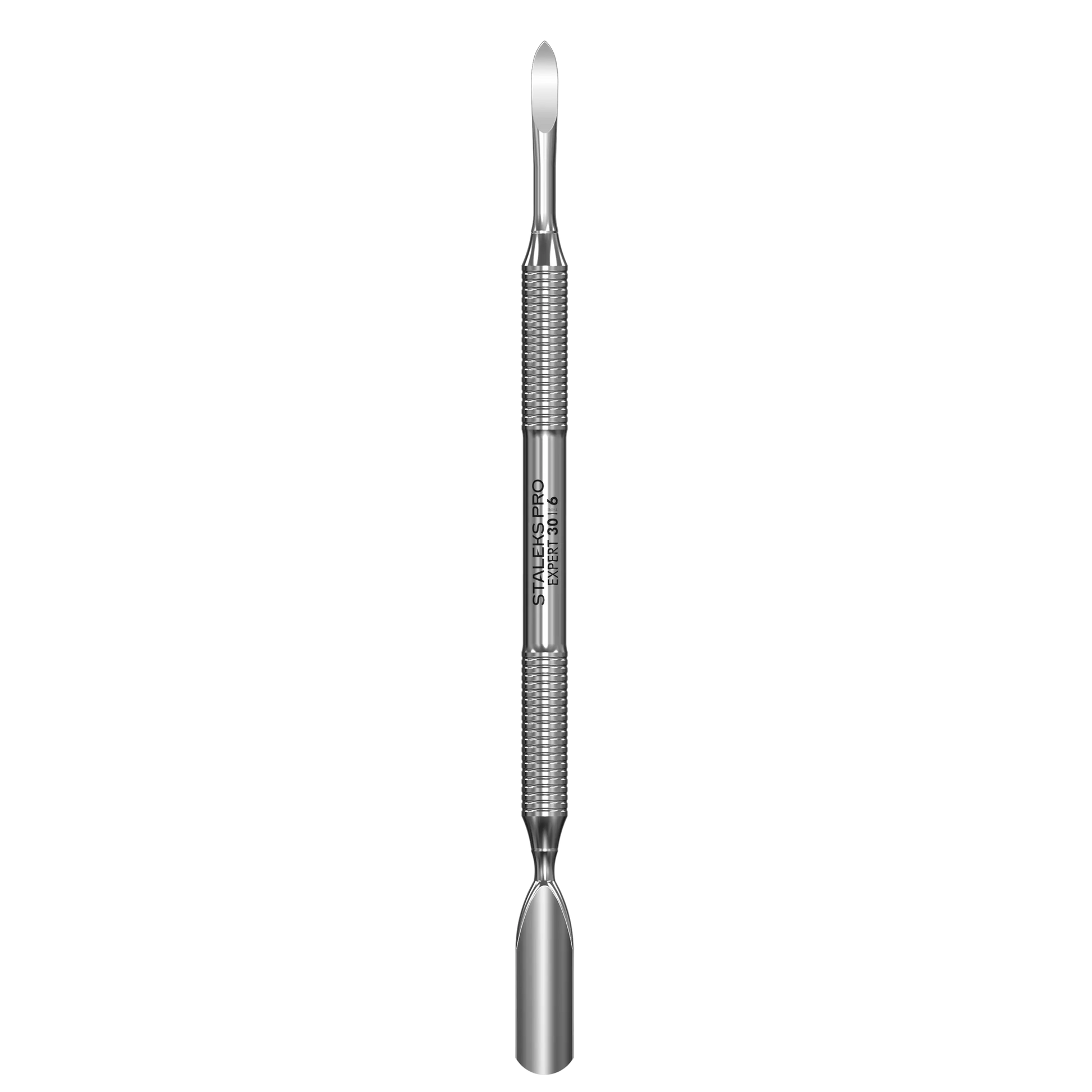 Pusher double Staleks Pro Expert 30/6 en inox, vue de face avec les deux embouts (pusher arrondi et nail cleaner).
