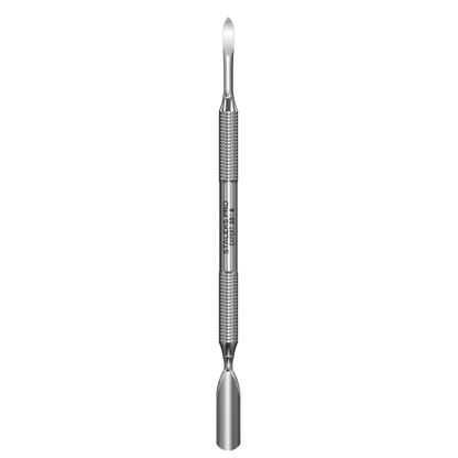 Pusher double Staleks Pro Expert 30/6 en inox, vue de face avec les deux embouts (pusher arrondi et nail cleaner).