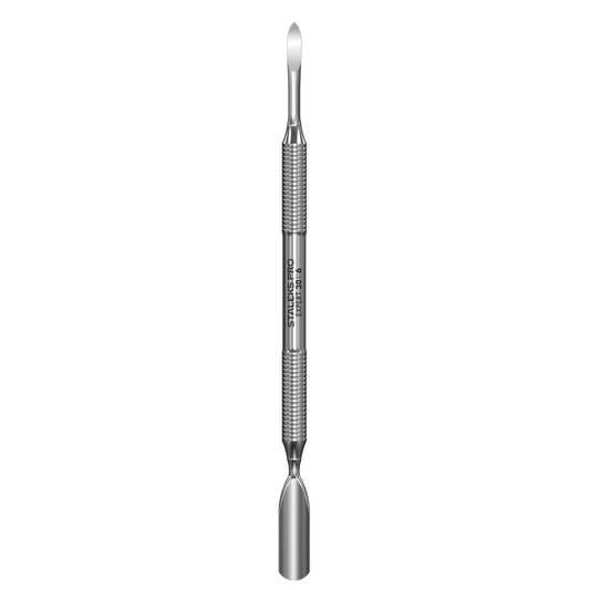 Pusher double Staleks Pro Expert 30/6 en inox, vue de face avec les deux embouts (pusher arrondi et nail cleaner).