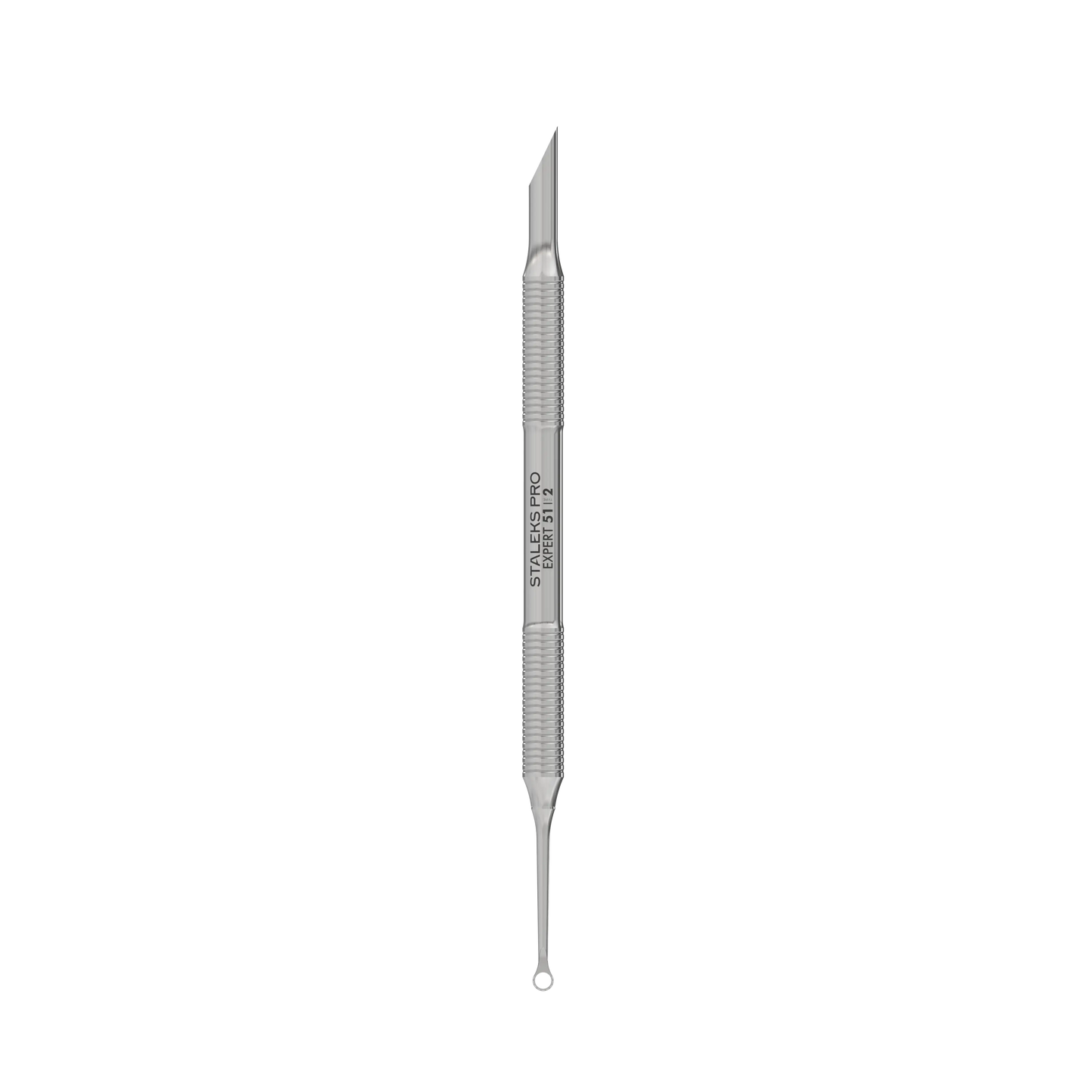 Pusher manucure Staleks Pro Expert 51/2, double embout — lame inclinée et anneau, vue de face.