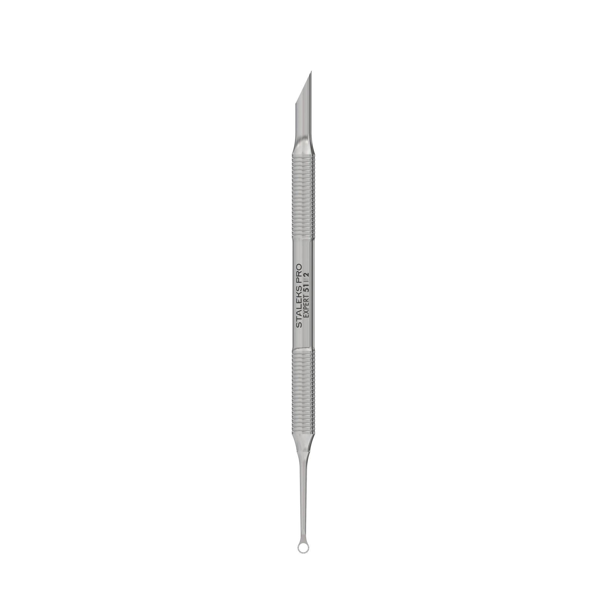 Pusher manucure Staleks Pro Expert 51/2, double embout — lame inclinée et anneau, vue de face.