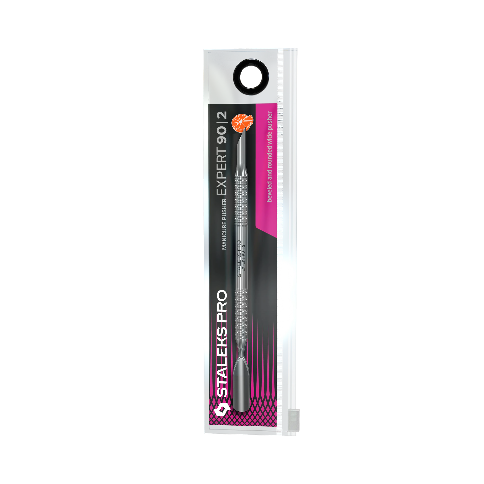 Packaging blister Staleks Pro EXPERT 90/2 présentant le pusher double en inox.