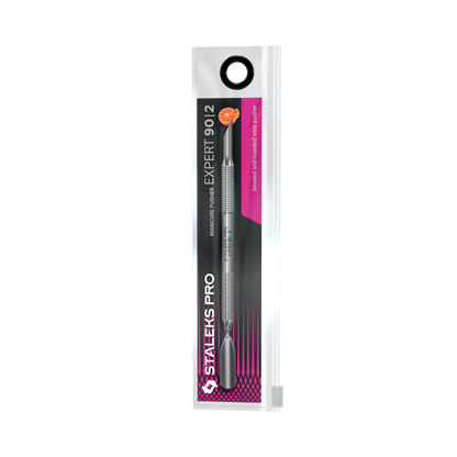 Packaging blister Staleks Pro EXPERT 90/2 présentant le pusher double en inox.