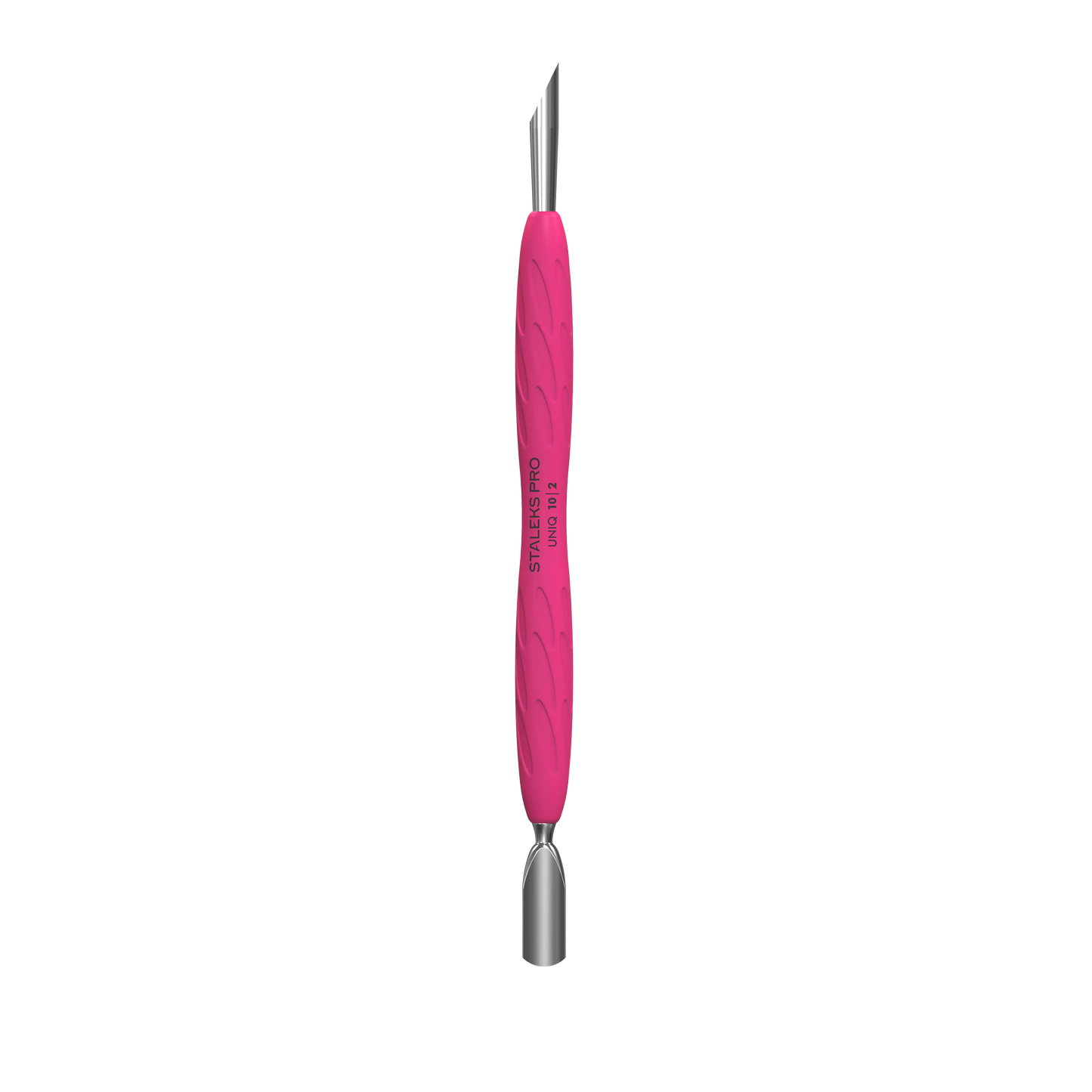 Pusher repousse-cuticules Staleks UNIQ 10 Type 2, manche silicone rose, double embout.