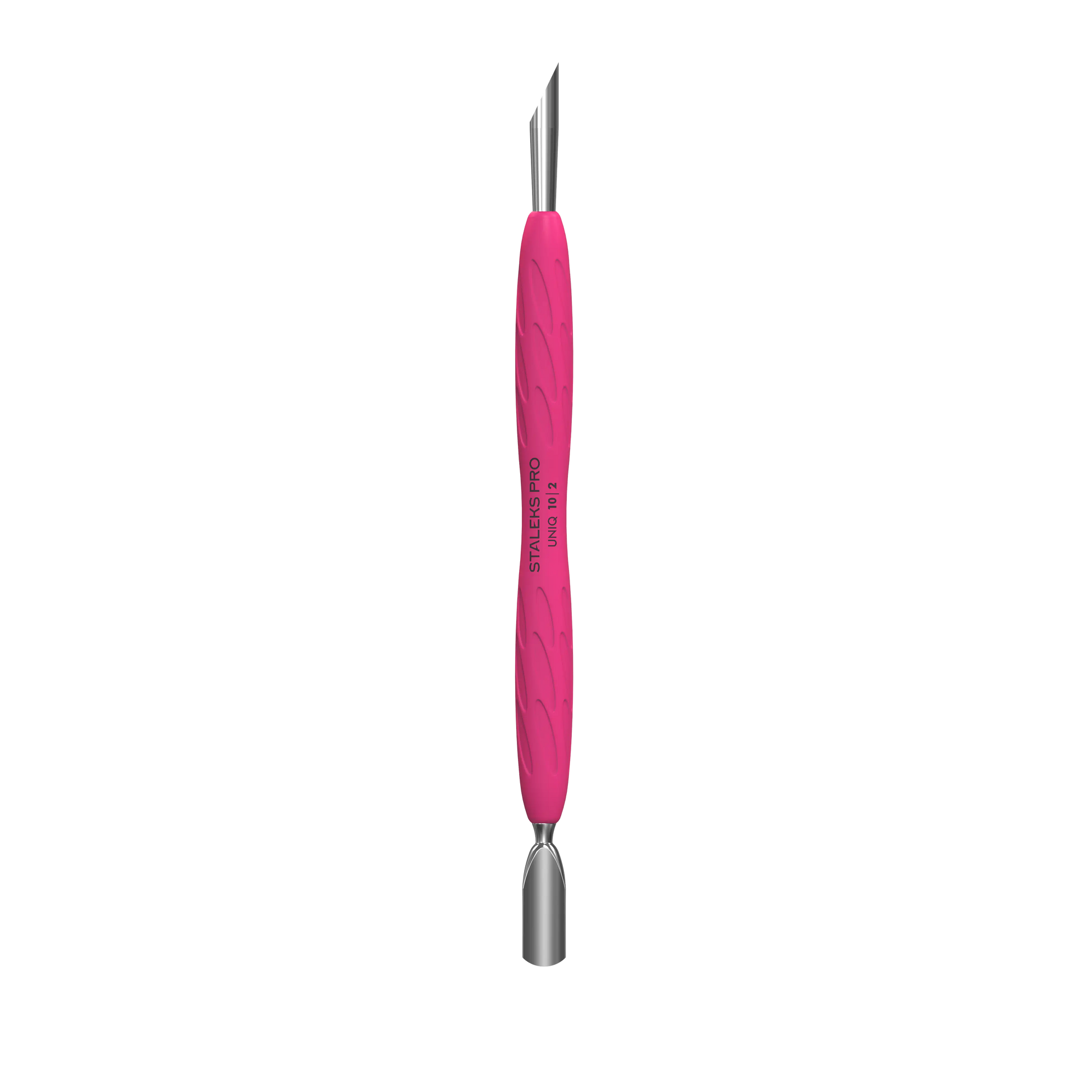 Pusher repousse-cuticules Staleks UNIQ 10 Type 2, manche silicone rose, double embout.