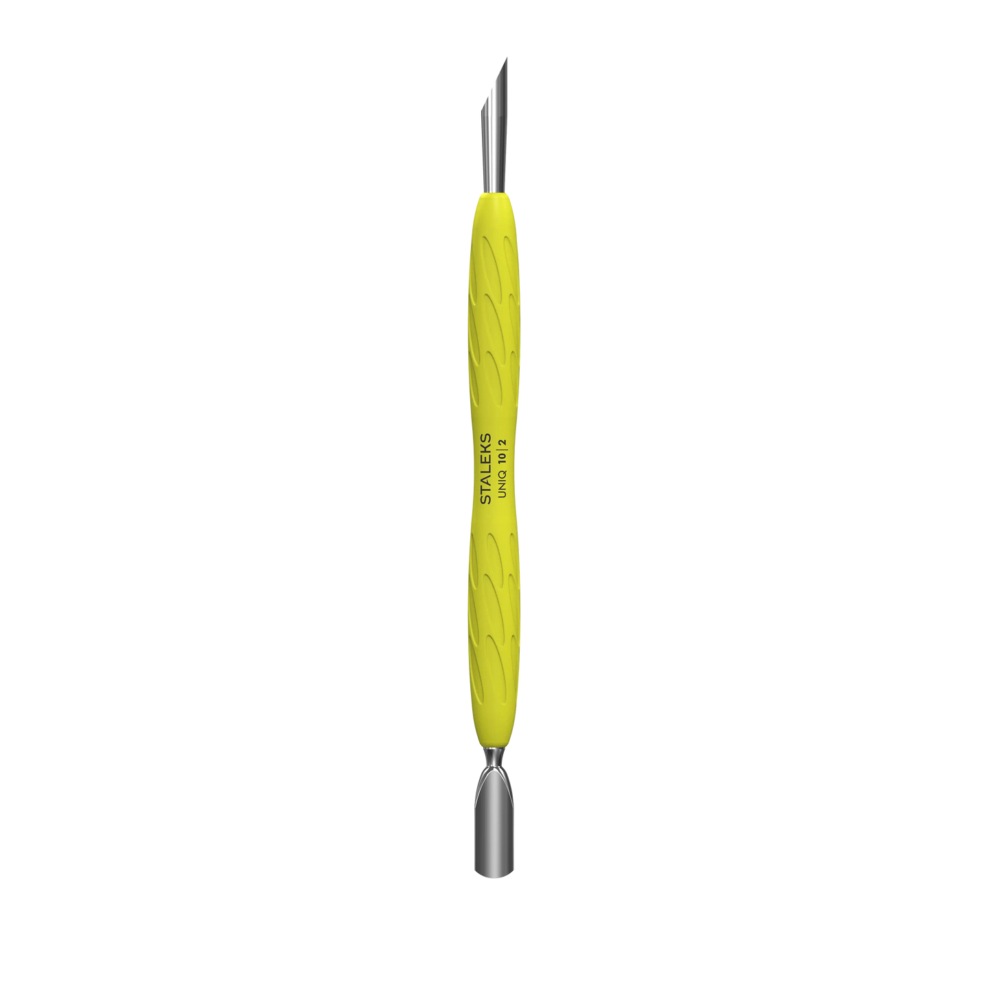 Vue d'ensemble verticale du pousse-cuticule Staleks Pro UNIQ 10 | 2. L'outil possède un manche jaune fluo texturé pour une meilleure prise en main et deux embouts fonctionnels en acier inoxydable à chaque extrémité.