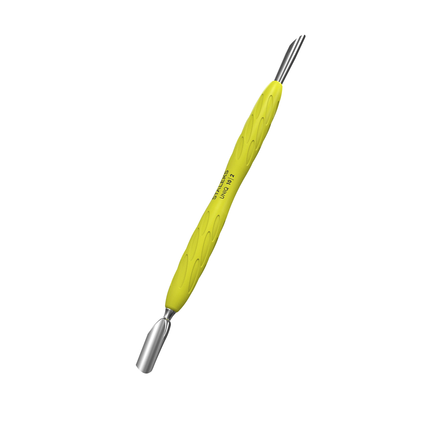 Vue en perspective de l'outil UNIQ 10 | 2, montrant le design ergonomique du manche "Gummy" et les finitions métalliques brillantes des embouts de travail.