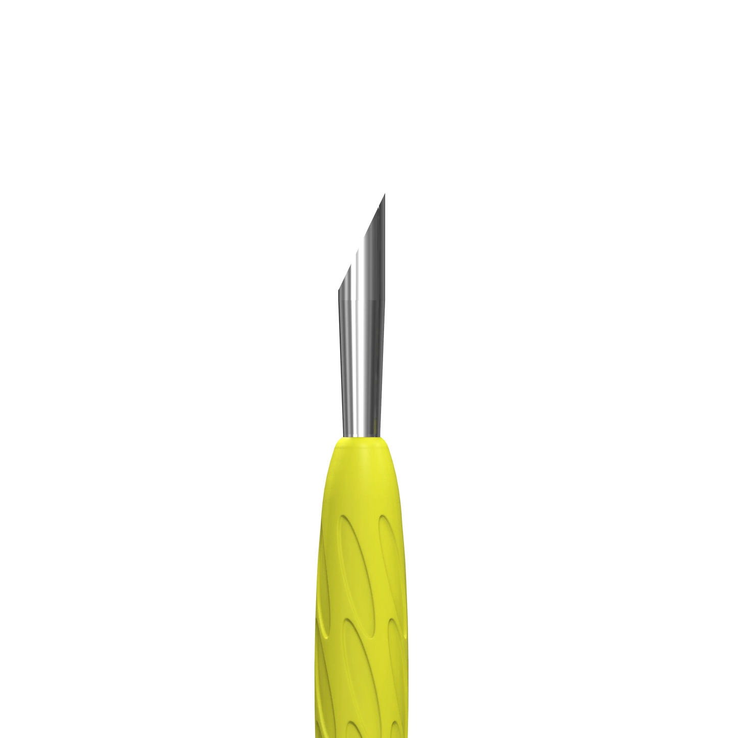 Gros plan sur l'embout secondaire, une lame biseautée et affûtée (scaler/scraper). Cette pointe précise est destinée à nettoyer le contour de l'ongle et à retirer les résidus de ptérygium.