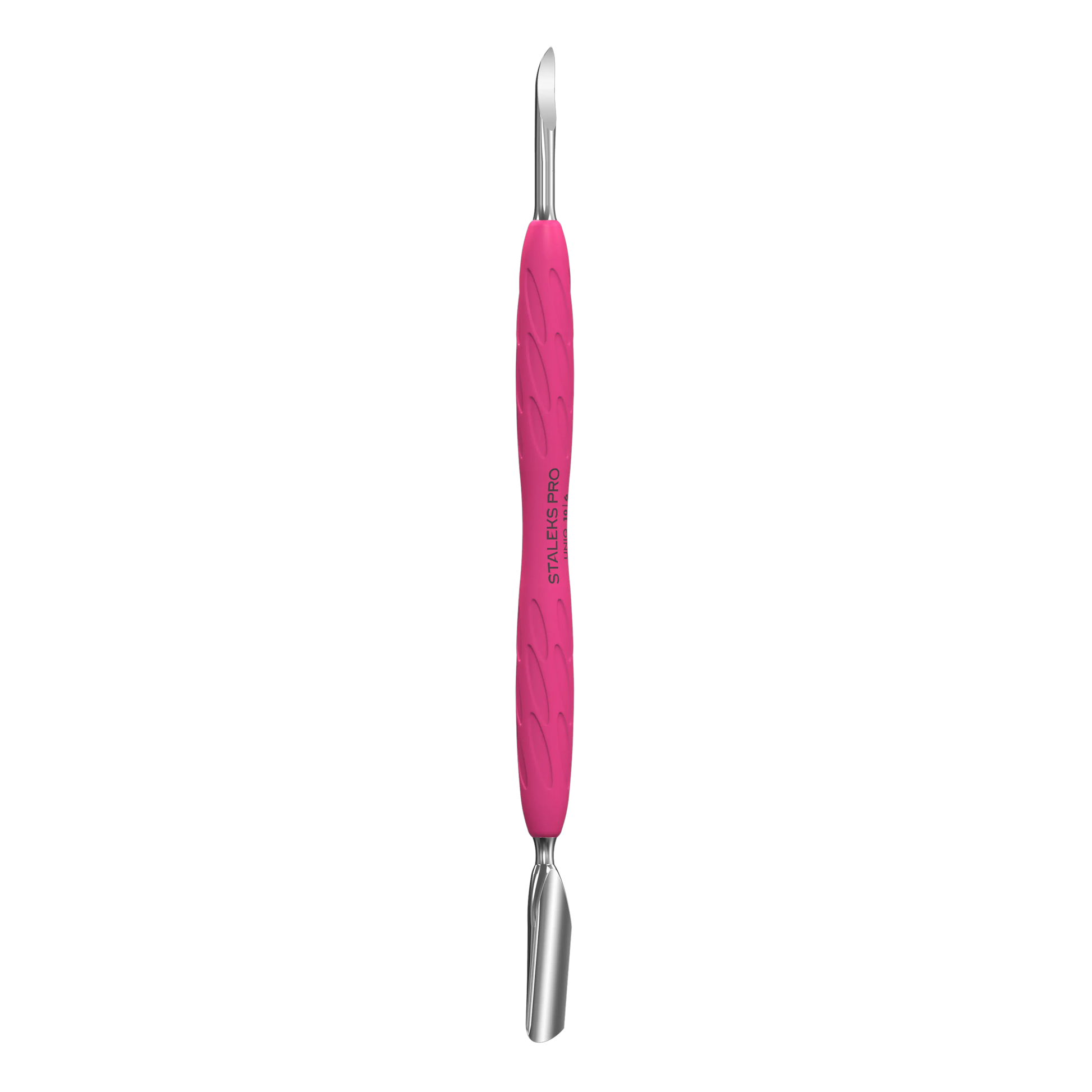 Repousse-cuticules STALEKS PRO PQ-10/6, vue de face, manche silicone rose, double embout pusher étroit et lame large.