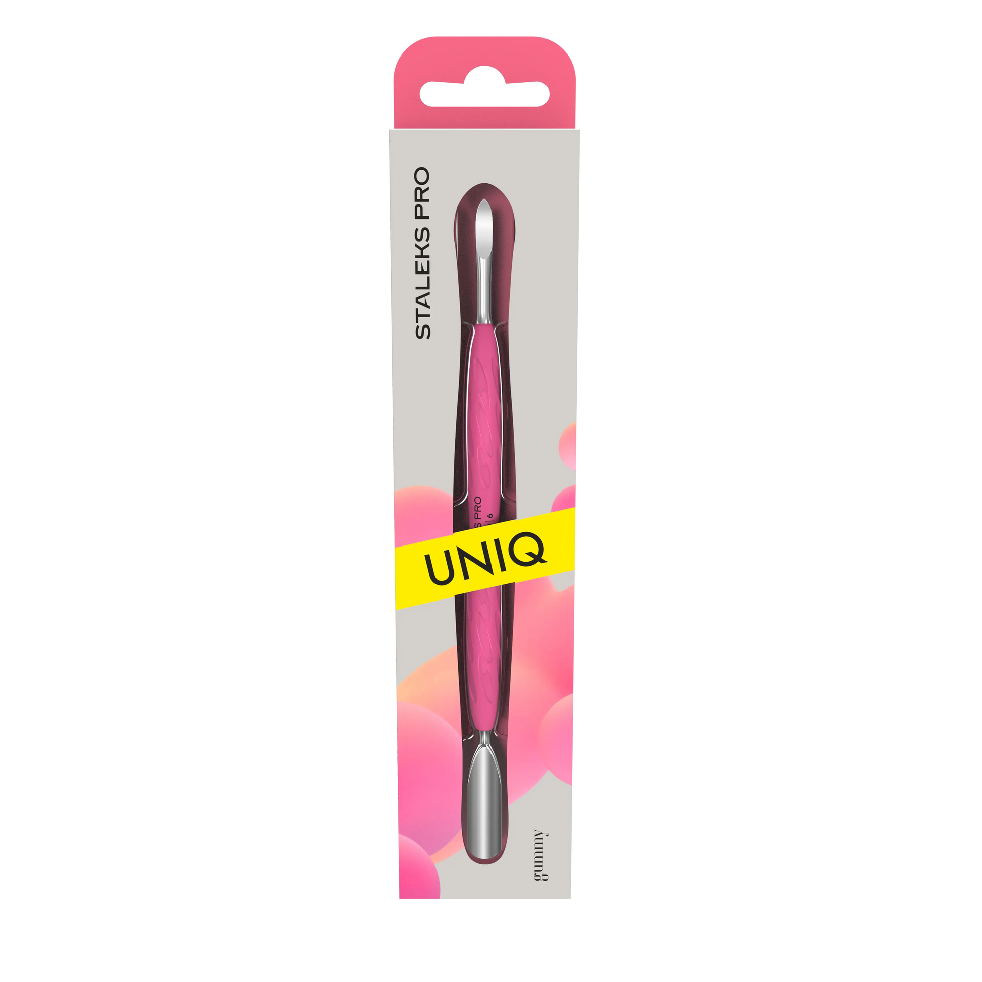 Emballage retail STALEKS PRO UNIQ 10 « Gummy » avec le repousse-cuticules double embout PQ-10/6 visible.