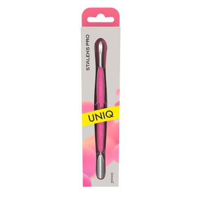 Emballage retail STALEKS PRO UNIQ 10 « Gummy » avec le repousse-cuticules double embout PQ-10/6 visible.