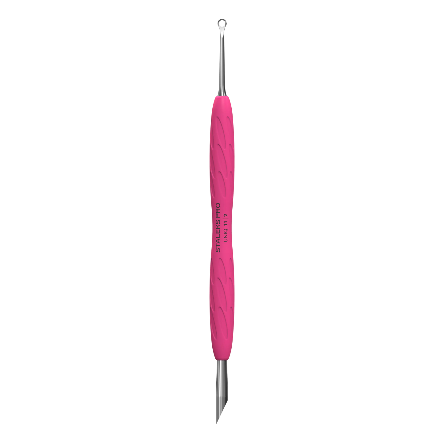 Repousse-cuticules double embout STALEKS UNIQ 11 PQ-11/2, vue de face, manche silicone rose, embouts anneau et biseauté.