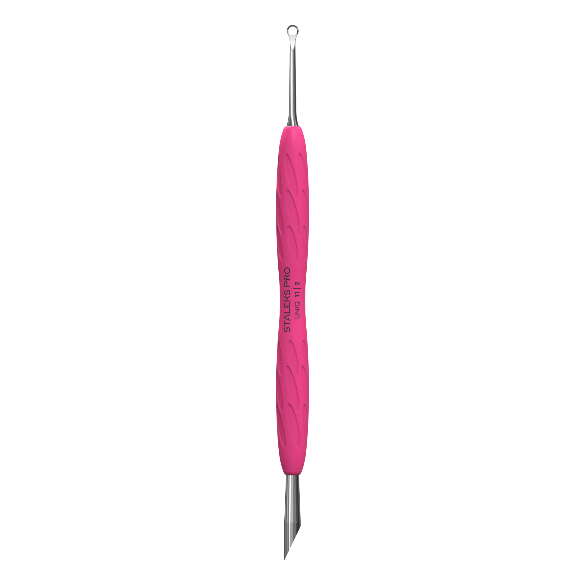 Repousse-cuticules double embout STALEKS UNIQ 11 PQ-11/2, vue de face, manche silicone rose, embouts anneau et biseauté.
