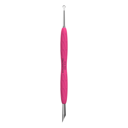 Repousse-cuticules double embout STALEKS UNIQ 11 PQ-11/2, vue de face, manche silicone rose, embouts anneau et biseauté.