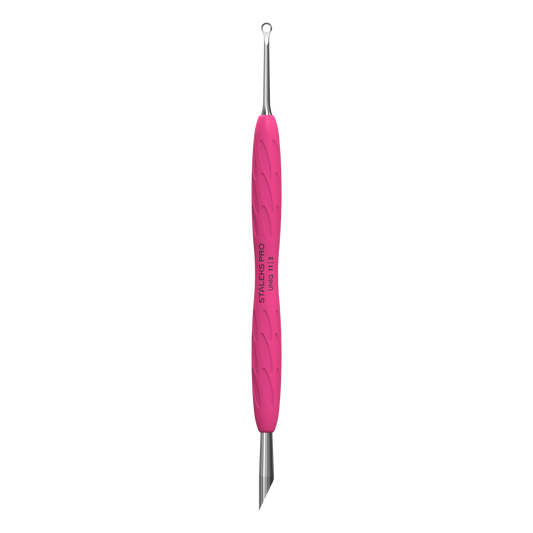 Repousse-cuticules double embout STALEKS UNIQ 11 PQ-11/2, vue de face, manche silicone rose, embouts anneau et biseauté.