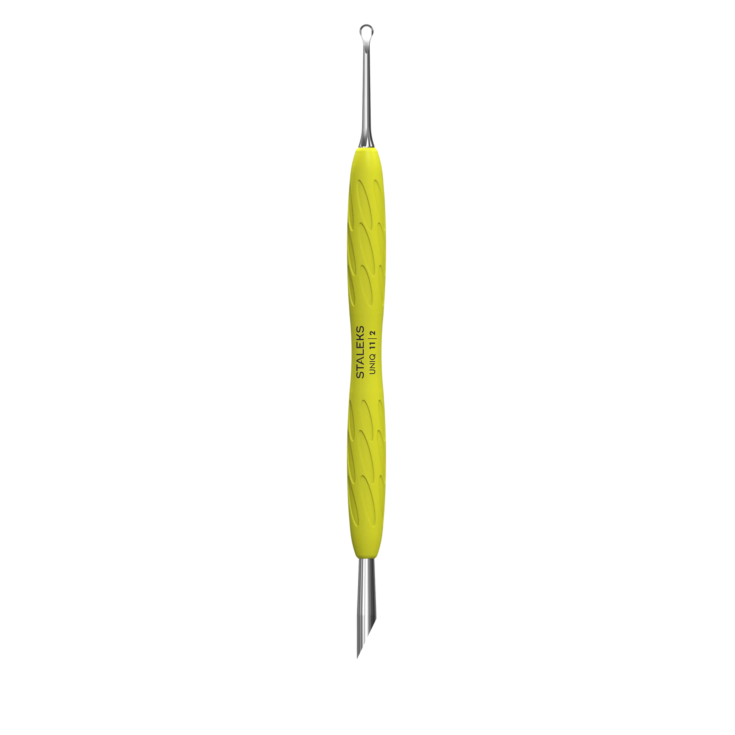 Pusher repousse-cuticules Staleks Pro UNIQ 11 Type 2 Gummy jaune, vue de face avec poussoir biseauté et embout anneau