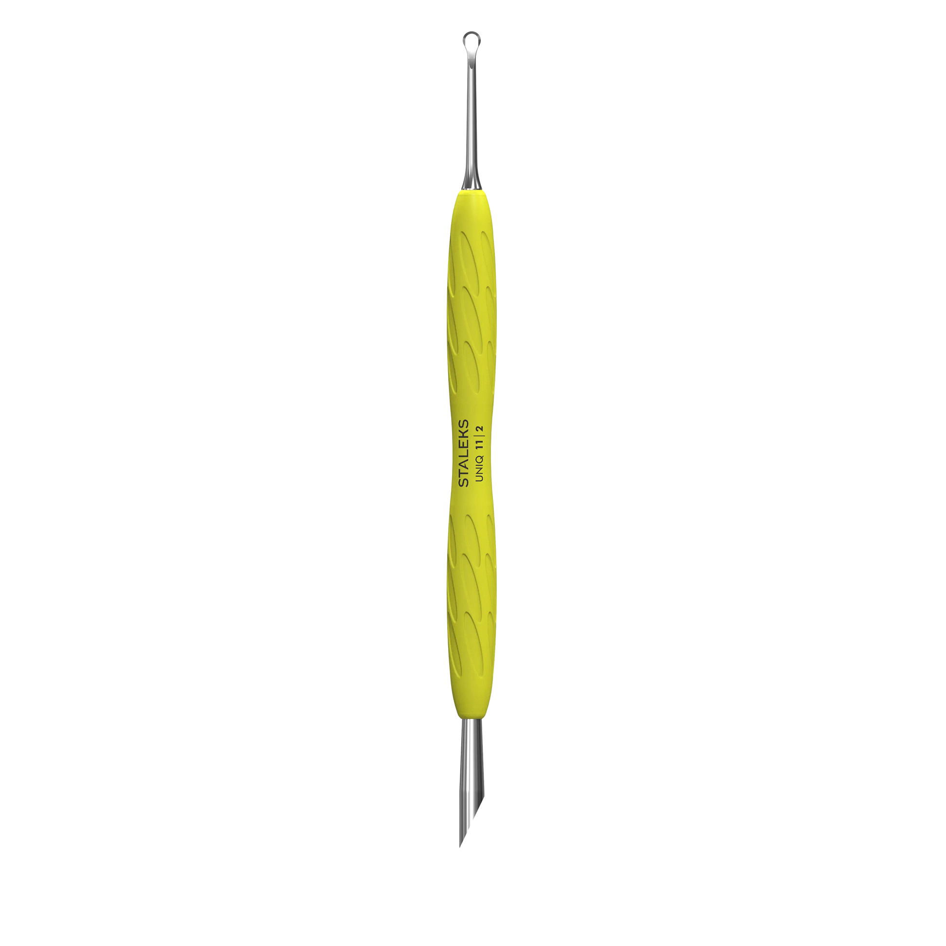 Pusher repousse-cuticules Staleks Pro UNIQ 11 Type 2 Gummy jaune, vue de face avec poussoir biseauté et embout anneau