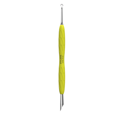 Pusher repousse-cuticules Staleks Pro UNIQ 11 Type 2 Gummy jaune, vue de face avec poussoir biseauté et embout anneau