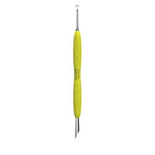 Pusher repousse-cuticules Staleks Pro UNIQ 11 Type 2 Gummy jaune, vue de face avec poussoir biseauté et embout anneau