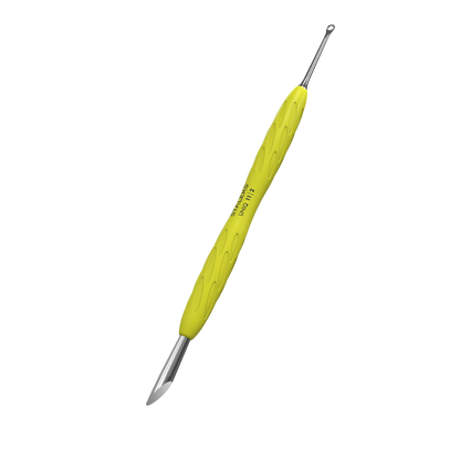 Pusher Staleks Pro UNIQ 11 Type 2 Gummy jaune en vue inclinée, manche silicone ergonomique et double embout professionnel