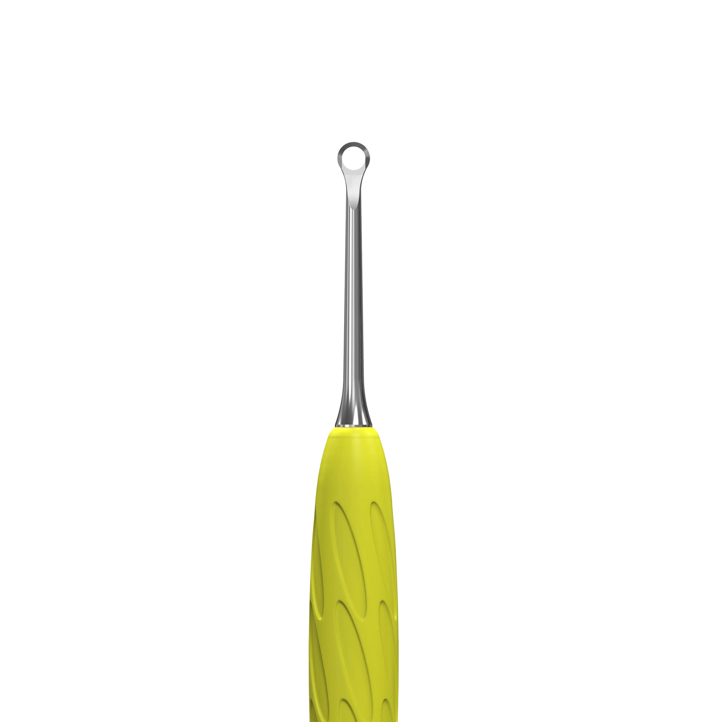 Gros plan sur l’embout anneau du pusher Staleks Pro UNIQ 11 Type 2 Gummy jaune pour nettoyer la plaque de l’ongle