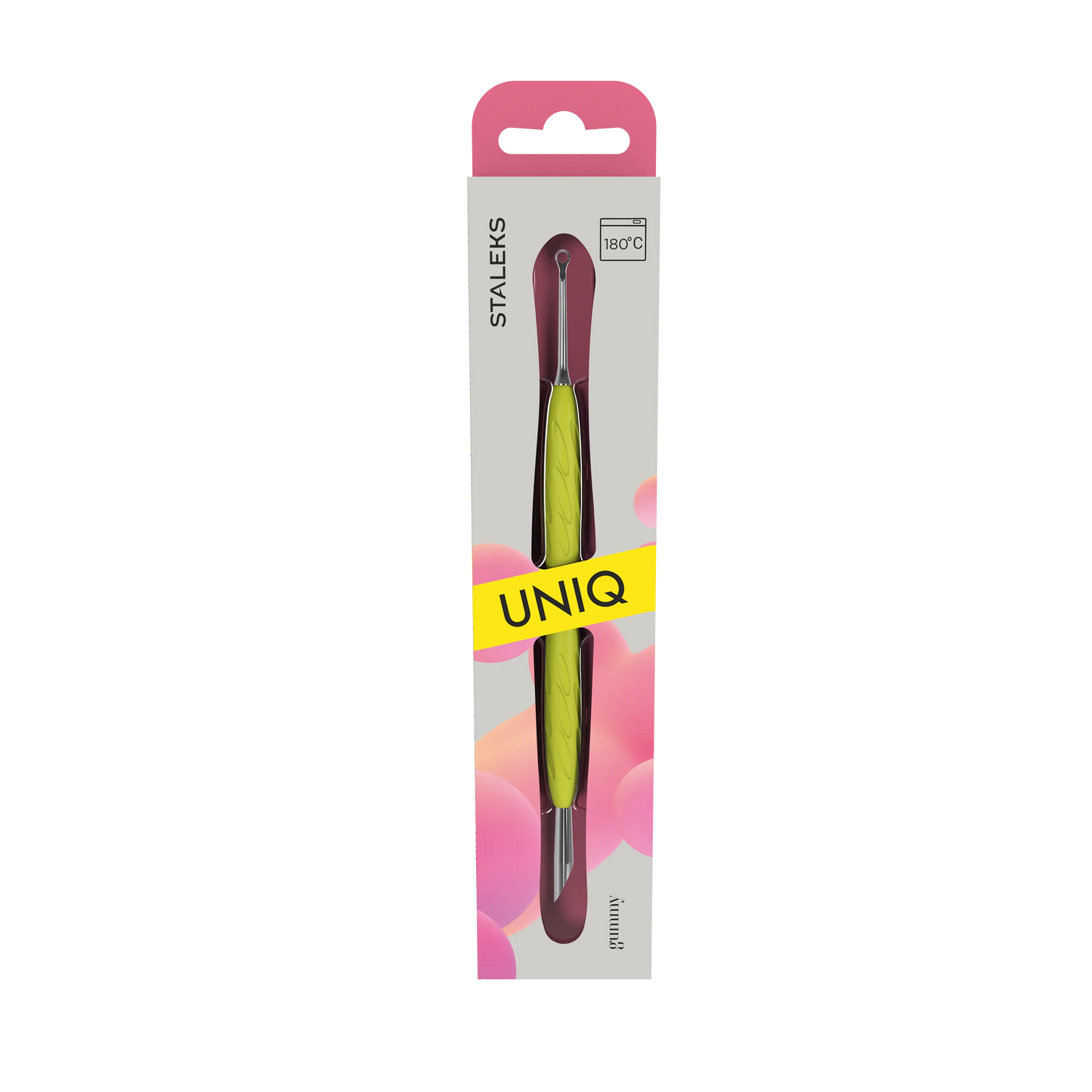 Packaging du pusher repousse-cuticules Staleks Pro UNIQ 11 Type 2 Gummy jaune avec manche silicone
