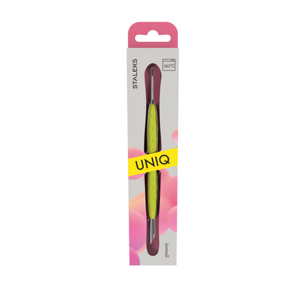 Packaging du pusher repousse-cuticules Staleks Pro UNIQ 11 Type 2 Gummy jaune avec manche silicone