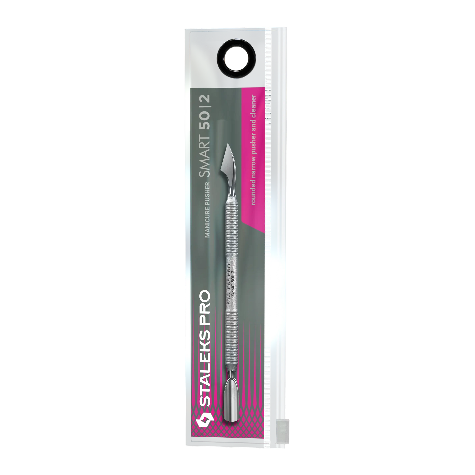 Emballage blister du pusher Staleks Pro SMART 50/2, avec visuel du produit et mention “rounded narrow pusher and cleaner”.