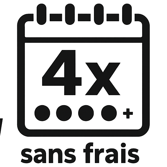 Icône noire sur fond transparent représentant le paiement en 4 fois sans frais avec PayPal, avec un symbole PayPal, un encadré “4x” et la mention “sans frais”.